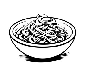 Italian pasta. Spaghetti on a plate, fork with spaghetti Vector vintage black engraving isolated on a white background. A hand-drawn design element for the menu. Vector illustration
