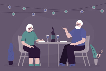 Elderly man and woman sit at the table. Aged love couple dating in a cafe. Romantic relationship, happy grandparents. Summer evening in restaurant on the street.