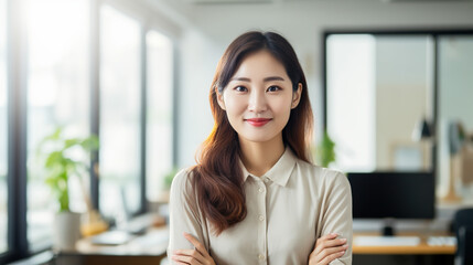 Obraz premium A Casual portrait of a designer in her office standing by her desk, daylight coming through the window, corporate photography, Asian woman.