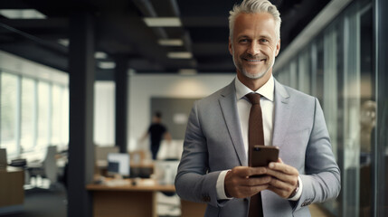 Businessman handsome standing in the office use mobile phone - obrazy, fototapety, plakaty