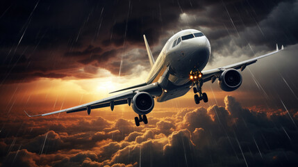 airplane flying on the sky cloud storm - obrazy, fototapety, plakaty