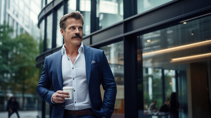 Mature Businessman handsome friendly standing in the office holding coffee cup