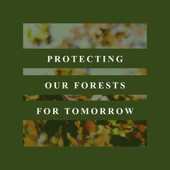 Fototapeta premium Composite of protecting our forests for tomorrow text over defocused plants growing in forest
