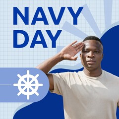 Composite of navy day text with steering wheel over african american army soldier saluting on grid