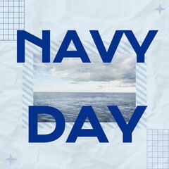 Composite of navy day text over beautiful view of seascape under cloudy sky on blue background
