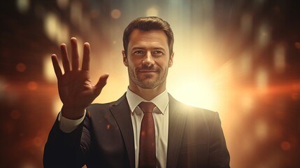 Businessman with right hand raised isolated on a fuzzy jobsite background with copy space, saying Hello, waving hand, Hello and farewell. - obrazy, fototapety, plakaty