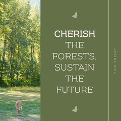 Fototapeta premium This friday, cherish the forests, sustain the future text and deer grazing on grassy field in woods