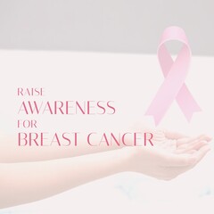 Composite of raise awareness for breast cancer text over caucasian woman hands with pink ribbon