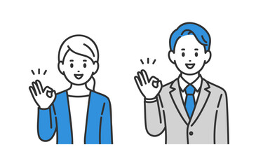 OKポーズをするビジネスパーソン男女のセット【人物ベクターイラスト素材】