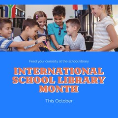 This october, international school library month text and diverse students in studying library