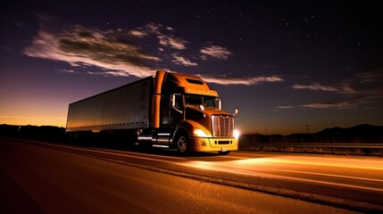 big container truck driving at night 
