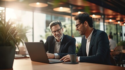 Two people working on laptop in office