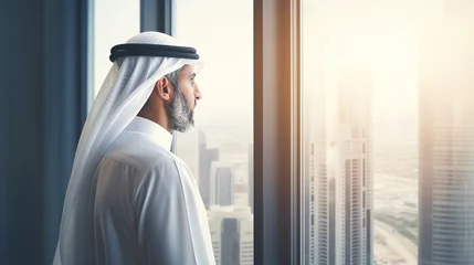 Crédence de cuisine en verre imprimé Dubai Arabic businessman looking out the window in his office