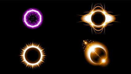 Set Sun Eclipse Solar Collection Color Fire Dark Background Vector Moon Design Style Space Science Glow Light