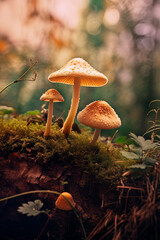 Fototapeta premium A couple of mushrooms sitting on top of a lush green grass. Generative AI