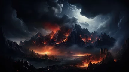 Keuken foto achterwand Reflectie An erupting mountain at night, spewing lava and ash. The explosion lights the dark sky with fiery red, reflecting nature's extreme power. A dangerous yet captivating view of volcanic destruction.