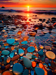 Fototapeta premium Colorful stones on the beach at sunset. beautiful natural background.