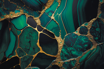 Malachite. Acrylic fluid textured art 3d vector background. Emerald green Liquid marbled textured pattern ornament with surface wavy lines, gold glitters. Trendy mosaic texture in green gold colors