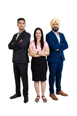 Group of positive indian business people wearing suit standing cross arms looking at camera isolated on white studio background. Corporate Concept.