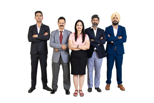 Group Of Positive Indian Business People Wearing Suit Standing Cross Arms Looking At Camera With Smiles Isolated On White Studio Background. Corporate Concept.