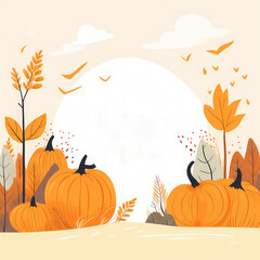 Autumn greeting card Welcome, Fall season thanksgiving invitation. Hand drawn illustrations with leaves, trees, pumpkins