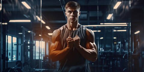Fototapeta na wymiar Beautiful handsome young man in sportswear posing at gym. Fitness and bodybuilding concept.