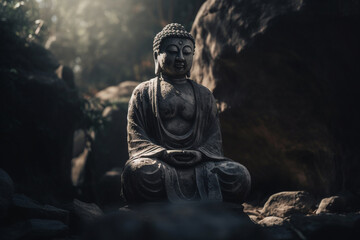 Statue of Buddha in morning a forest. Zen spiritual ritual meditating white face of brown Buddha, green background. Spiritual calmness and awakening. Religion concept, esoterics. Generative AI.