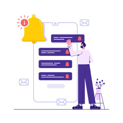 Ring subscription bell to get reminder for new social media content, man get chat messages notification on mobile phone, turn on notification on social media for up to date