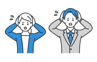 頭を抱えて困るポーズをするビジネスパーソン男女のセット【人物ベクターイラスト素材】