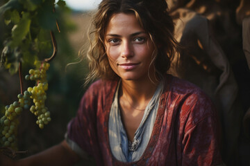 A dedicated female winemaker tends to grapevines in her picturesque vineyard, embodying the passion of artisan wine production, showcasing the essence of sustainable farming in a scenic countryside. - obrazy, fototapety, plakaty