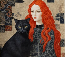 Portrait of a girl with red hair with a black cat, picture of a two-room apartment with a cat