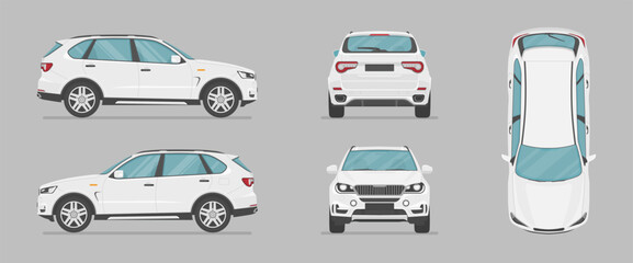 White car in different view. Front, back, top and side car projection. Flat illustration for designing. Vector Suv auto