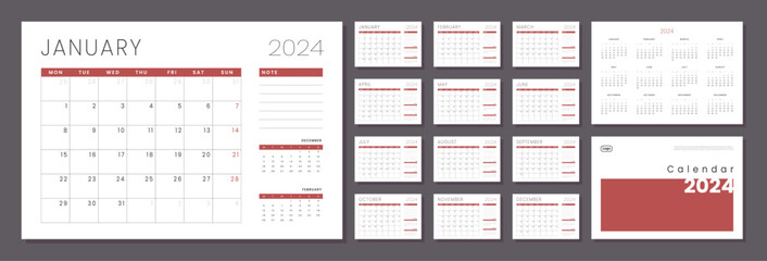 Set of Monthly pages Calendar Planner Templates 2024 with Cover and place for Photo, Logo in grey and red color for print. Vector layout of a wall or desk simple calendar with week start Monday.