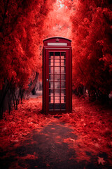 A red telephone booth in front of autumn trees with red leaves. Generative AI