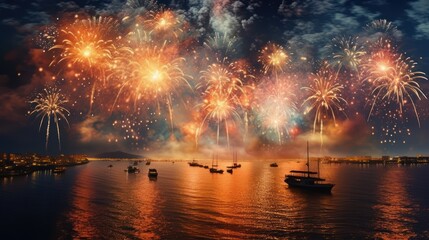 fireworks over water - obrazy, fototapety, plakaty