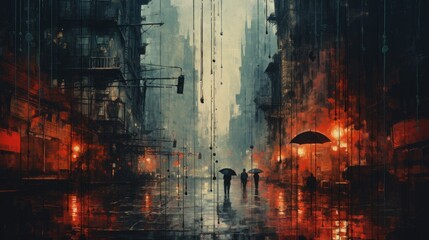 A painting illustrates a grunge urban street at night, filled with the red and orange glow of lights. Cars, taxis, and buses line the road, with towering buildings and industrial scenery. - obrazy, fototapety, plakaty