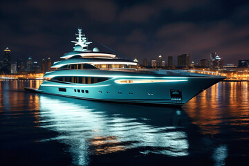 Night view to large illuminated luxury yacht located over horizon, colorful lights coming from yacht reflect on the surface of the sea.