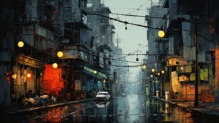 A painting illustrates a grunge urban street at night, filled with the red and orange glow of lights. Cars, taxis, and buses line the road, with towering buildings and industrial scenery.