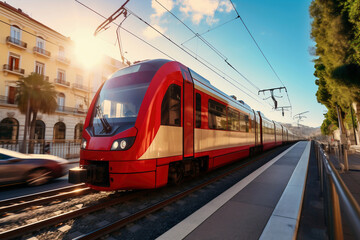 Naklejka na ściany i meble Photo of a vibrant red and white train or tram speeding down train tracks in the city.