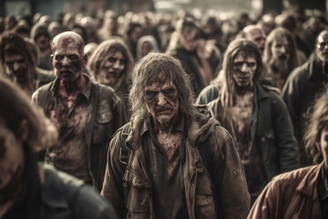 Crowd group of undead creepy zombies in a post-apocalyptic city zombie attack going forward. Horror theme for Halloween or apocalypse game party ad. - obrazy, fototapety, plakaty