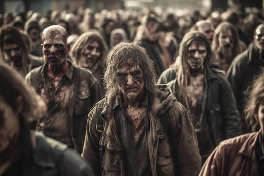 Crowd group of undead creepy zombies in a post-apocalyptic city zombie attack going forward. Horror theme for Halloween or apocalypse game party ad.