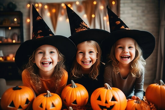 Photo of three little girls dressed as witches with pumpkins.Joyful smiles of children on the eve of the holiday. Festive costume. Jack lantern.