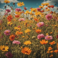 Fototapeta na wymiar Landscape Oil Fields of Wildflowers, Vintage Landscape
