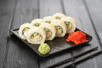 Japanese food. Roll with vegetables, sesame seeds and cream cheese. Maki sushi rolls