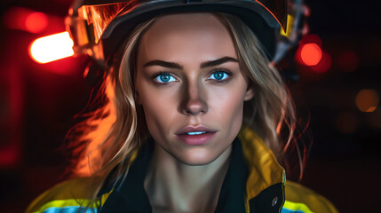 Close up of beautiful dedicated female firefighter in fire protection suit standing looking into camera