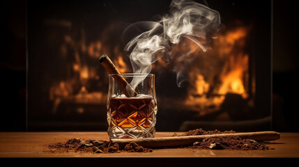 a glass with some whisky and a cigar next to it, in the style of poster, luminous sfumato, lightbox