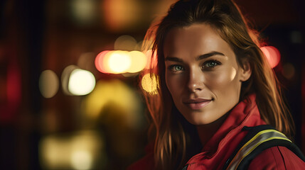 Fototapeta premium Close up of beautiful dedicated female firefighter in fire protection suit standing looking into camera