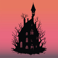 Fantasy House Vector , Scary House at sunset night vector, Fantasy Castle