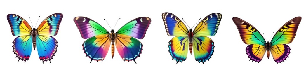 Set of realistic colorful bright tropical butterflies isolated on transparent background. Generative AI