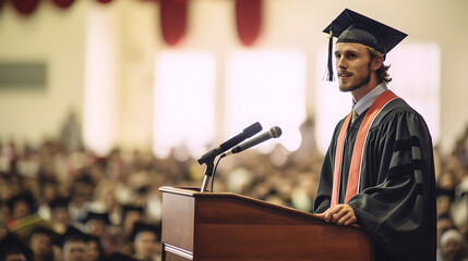 Graduate student standing on stage and giving a graduation speech to a crowd of proud faculty family and fellow graduates